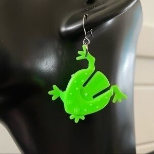 $10 SALE Handmade Bright Green Frog Statement Earrings 2” Avant-garde Nostalgia